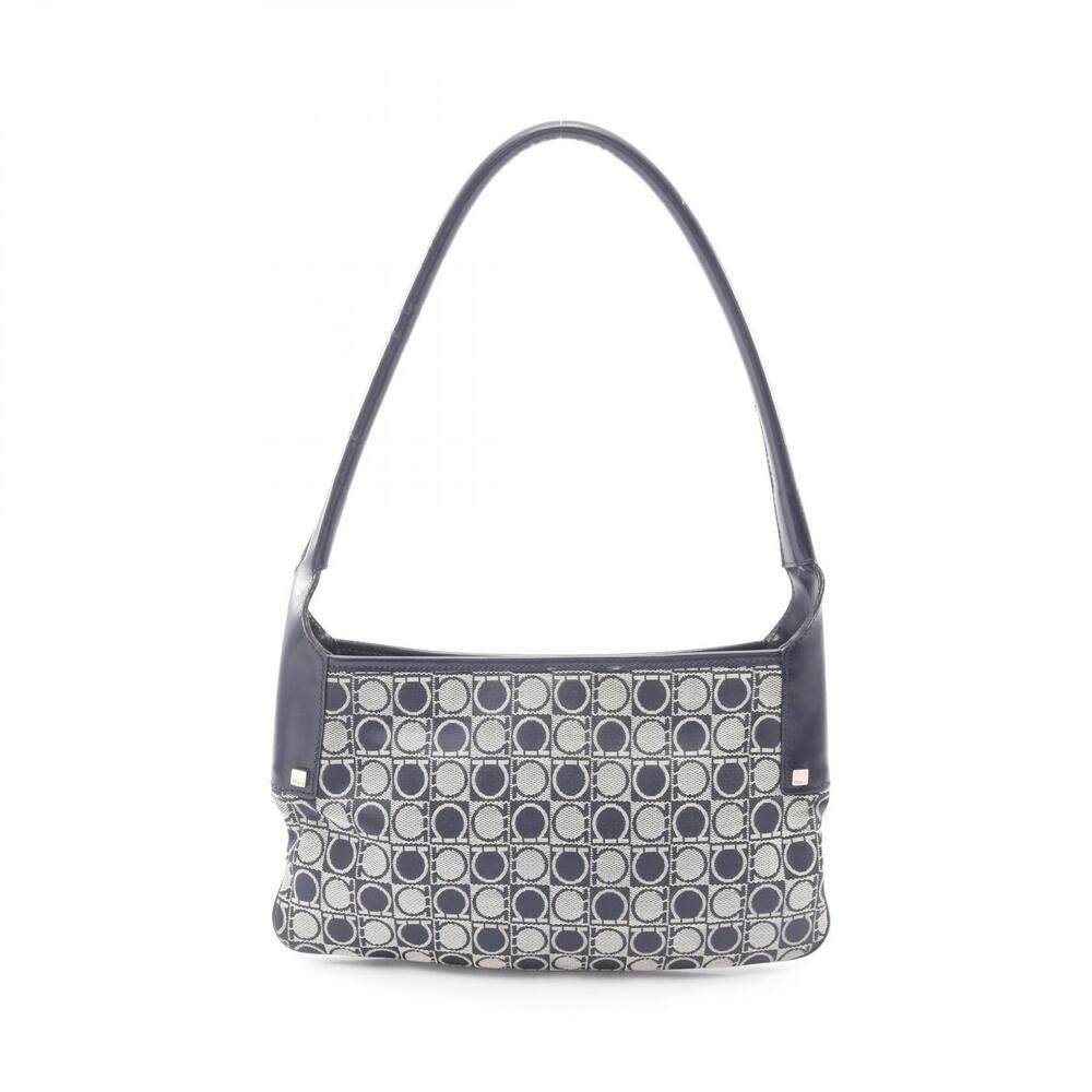 Salvatore Ferragamo Gancini Shoulder Bag Canvas Leather Navy Blue